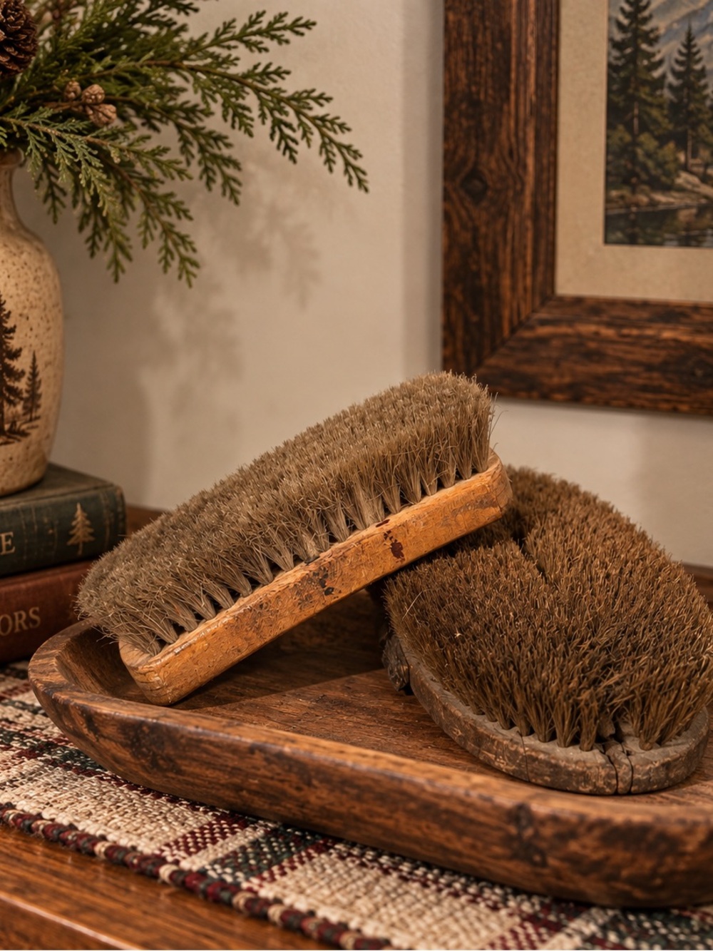 Vintage Brown Horsehair Grooming Brushes